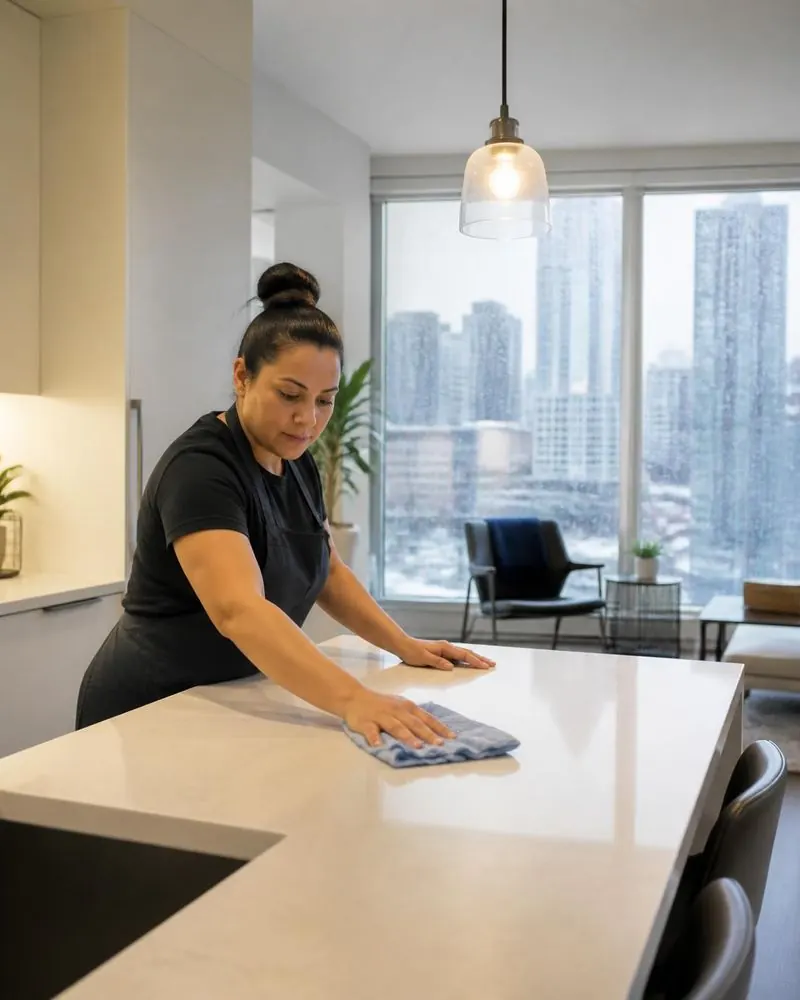 A cleaner wiping a condo kitchen counter