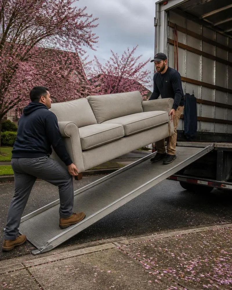 Two movers loading a sofa into a truck