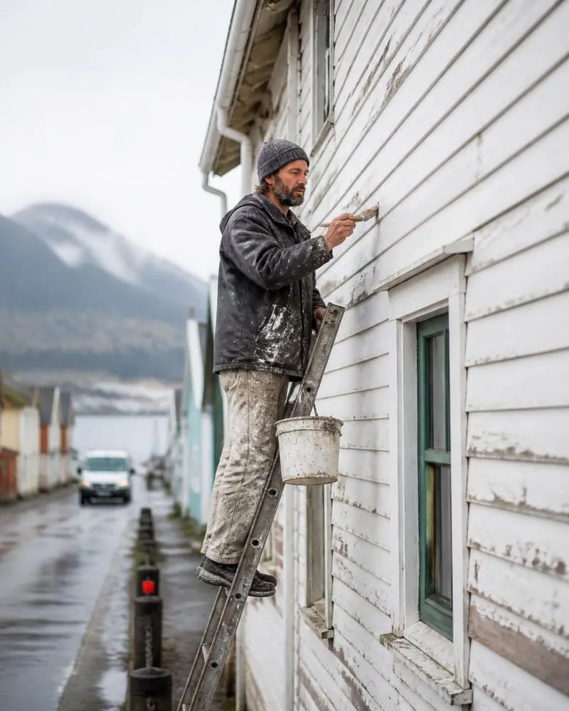 A house painter on a ladder painting siding